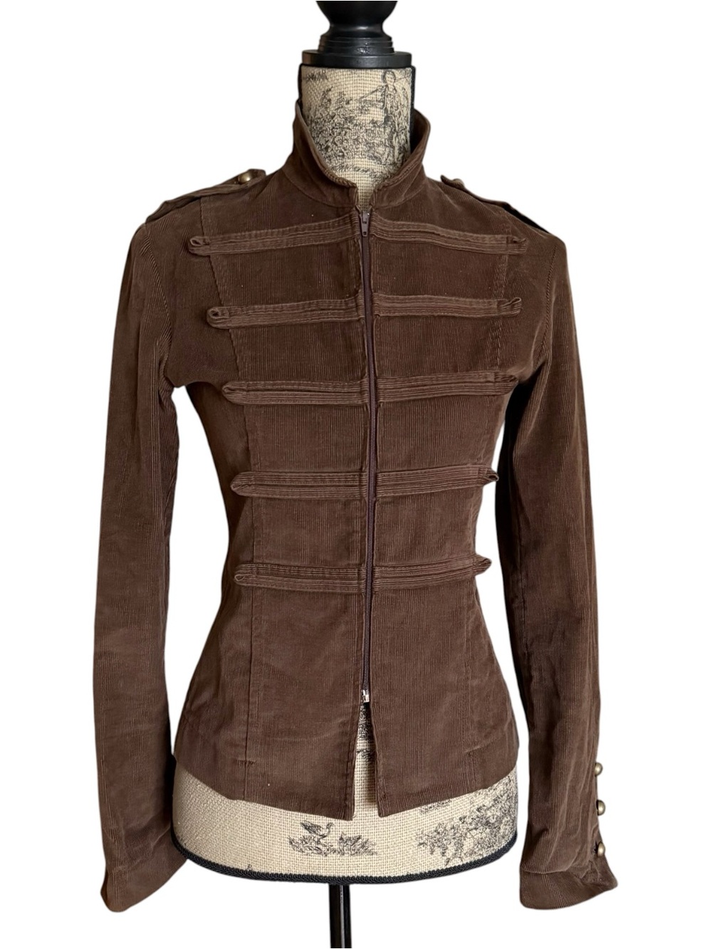 Y2K Brown Napoleon Military-Style Corduroy Jacket Size XS